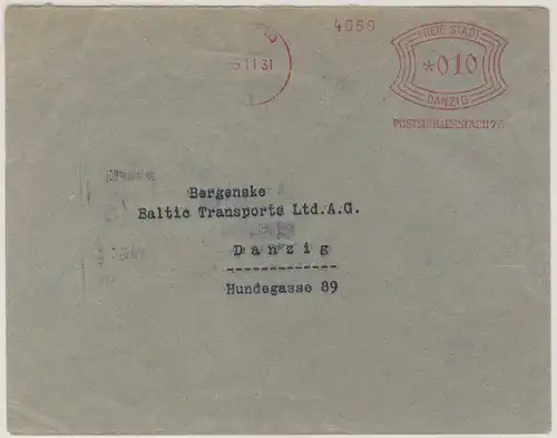 Danzig - 10 Pfg. Absenderfreistempel Deutsche Bank Ortsbrief 1931
