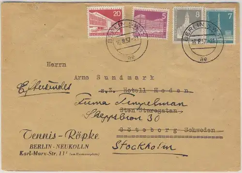 Berlin - 20+8+7+5 Pfg. Bauten II Brief n. SCHWEDEN 1957 Nachsendung innerhalb SE