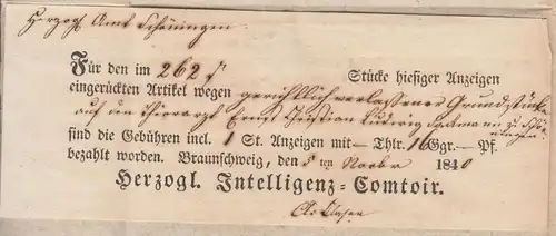 Braunschweig - Auslagenbrief (Vordruck) 1840 n. Schöningen - m. Inhalt