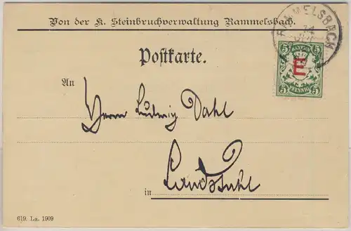Bayern - 5 Pfg. Wappen/E., Dienstpostkarte Rammelsbach - Landstuhl 1909