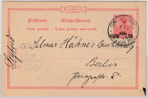 DP Türkei - 20 P. a. 10 Pfg. Germania GA-Karte Constantinopel - Berlin 1901