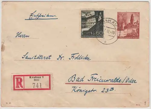Gen.Gouv. - 24 Gr. GA-Umschlag + Zusatz, Einschreibebrief Krakau 1942 n.