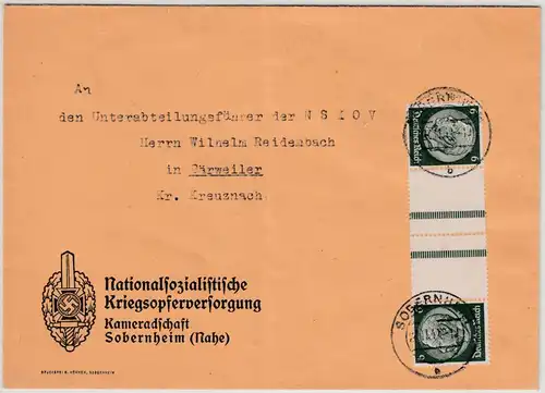 DR - Hindenburg Zusammendruck, Brief Obernheim - Bärweiler 1940