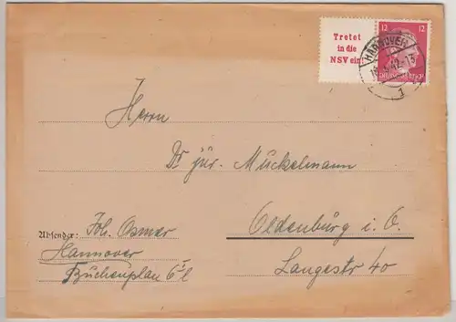 DR - AH Zusammendruck, Brief Hannover - Oldenburg 1942, Reichskolonialbund Vign.