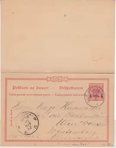 Deutsch-Ostafrika - 5 P./10 Pfg. Krone/Adler Antwort-GA-Karte Dar-Es-Salam 1896