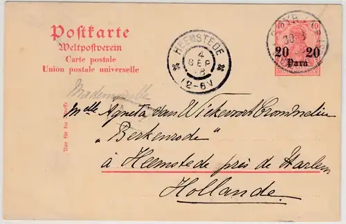 DP Türkei - 20 P. a. 10 Pfg. Germania GA-Karte n. HOLLAND, Smyrna 1908 n.