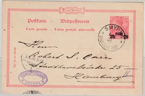 DP Türkei - 20 P. a. 10 Pfg. Germania/Reichspost GA-Karte Smyrna - Hamburg 1904