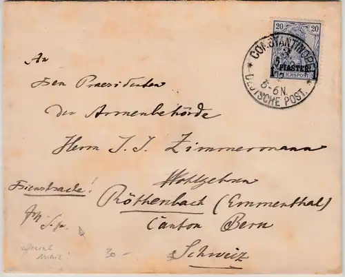 DP Türkei - 1 P. a. 20 Pfg. Germania/Reichspost Dienstbrief i.d. SCHWEIZ 1902