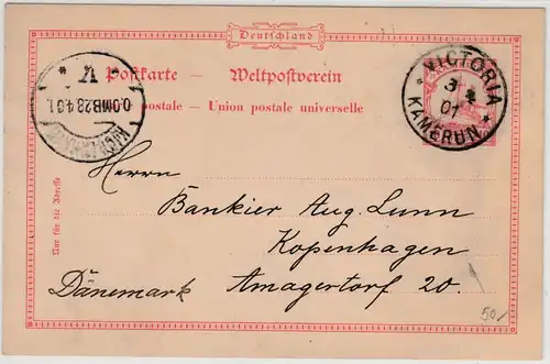 Kamerun - 10 Pfg. Schiffszeichnung, GA-Karte n. DÄNEMARK, Victoria 1901 n.