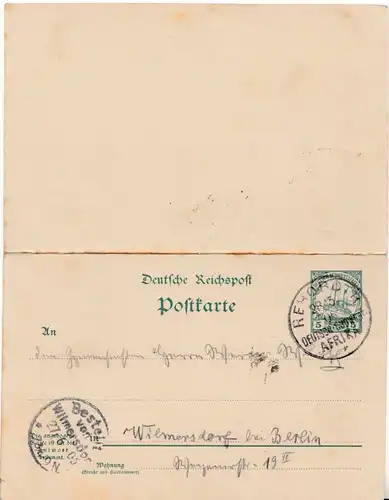 Deutsch-Südwestafrika - 5 Pfg. Schiffszeichnung Antwort-GA-Karte Rehboth 1905 n.