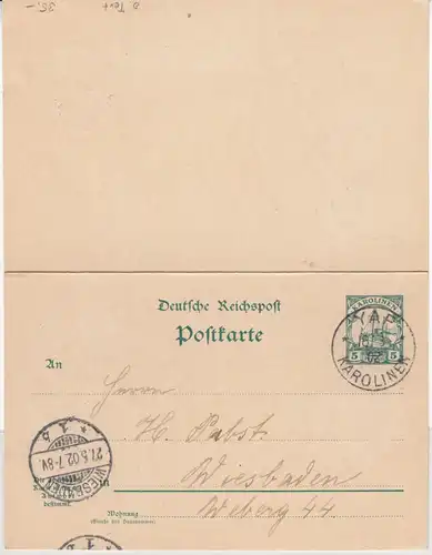 Karolinen - 5/5 Pfg. Schiffszeichung Antwort-GA-Karte Yap - Wiesbaden 1902