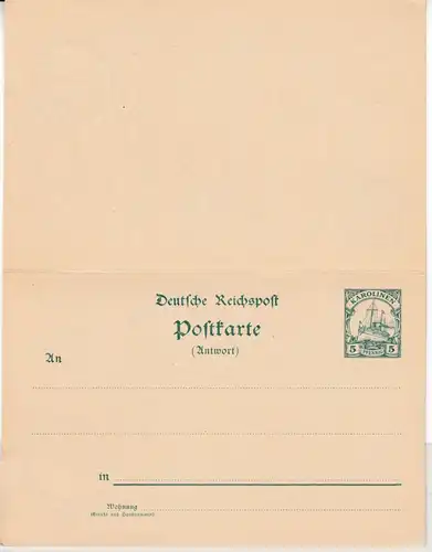 Karolinen - 5/5 Pfg. Schiffszeichung Antwort-GA-Karte Yap - Wiesbaden 1902
