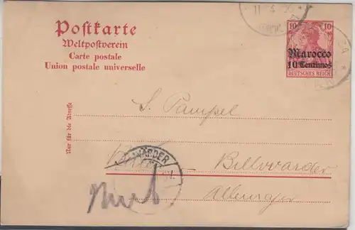 DP Marokko - 10 C. a. 10 Pfg. Germania GA-karte Casablanca - Billwärder 1906