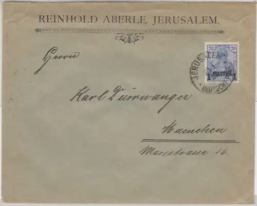 DP Türkei - 1 P. a. 20 Pfg. Germania/Reichspost Type II, Brief Jerusalem 1905 n.