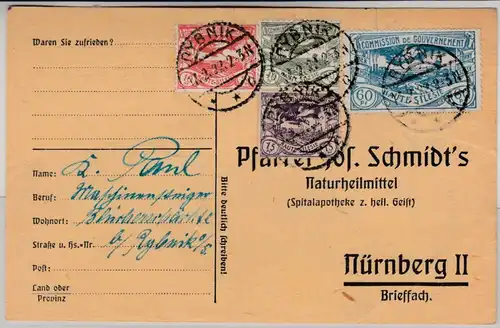 Oberschlesien - 60 Pfg. u.a., Karte Rynik - Nürnberg 17.2.22