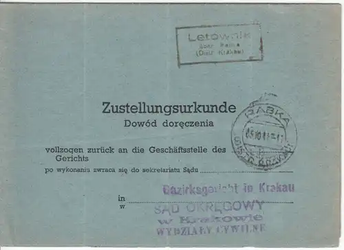 Generalgouvernement - Letownia ü. Rabka 1941 Landpost-Ra2 Zustellurkunde n. 