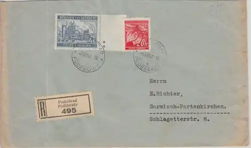 Böhmen & Mähren - 4 K. Randstück 2 Plattensternchen u.a. Einschreiben Podiebrad