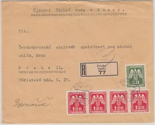 Böhmen & Mähren - 4x1,20 K+  50 H. Dienstbrief Einschreiben Petzka Prag 1943