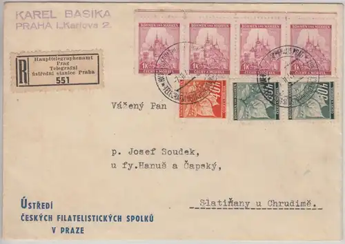 Böhmen & Mähren - 4x1 K Freimarke u.a. Einschreibebrief Prag Telegraphenamt 1941