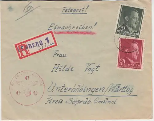 Gen. Gouv. - 60+24 Gr. AH Einschreibebrief Lemberg - Unterböbingen 1944