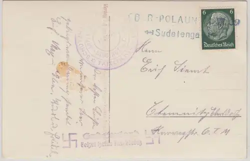 DR - Sudentenland Ober-Polaun 1938 L2 u. Propaganda-L2 Karte n. Chemnitz