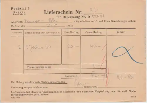 Gen.Gouv. Polen - Postamt 3 Krakau Lieferschein f. Postwertzeichen 1944