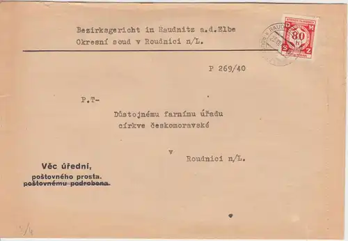 Böhmen & Mähren - 80 H. Dienstmarke Ortsbrief Ruadnitz a.d. Elbe 1941