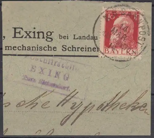 Bayern - Exing T. Eichendorf Posthilfstelle Ra3 Briefstück Bahnpost 1914 selten