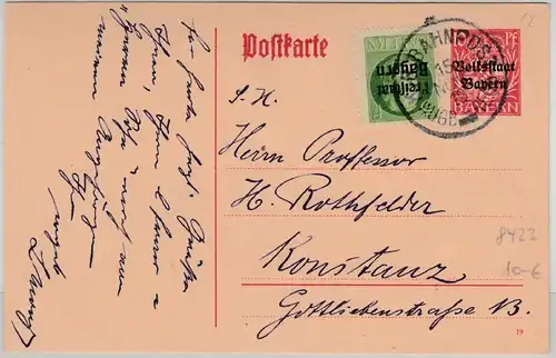 Bayern - Bahnpost Augsburg-Regensburg, 10 Pfg. GA-Karte Aufgabe Abensberg 1919