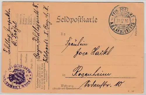 Bayern - Feldpostamt K.B. 1. Armeekorps, Feldpostkarte/Feldlazarett-Inspektor