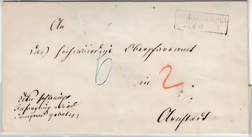 Preussen - Sondershausen (ca. 1860), Ra2 a. Brief n. Arnstadt, rs. Bahnpost-Ra3