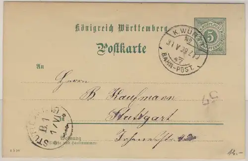 Württemberg - K.Württ. Bahnpost No.47 Ganzsache v. Unterurbach - Stuttgart 1898