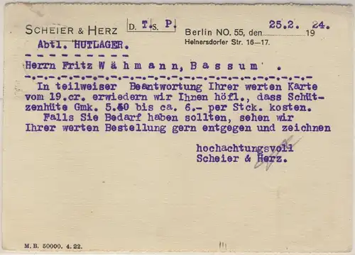 DR - 5 Pfg. Korbdeckel/Firmenlochung "S&H", Karte Berlin NO55 - Bassum 1924