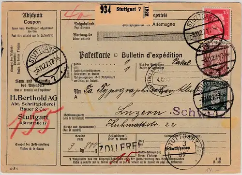 DR - 60+80 Pfg. Stephan u.a., Paketkarte i.d. SCHWEIZ, Stuttgart 7 - Luzern 1927