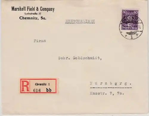 DR - 40 Pfg. Leibniz, Einschreibebrief Chemnitz - Nürnberg 1927, ohne Inhalt