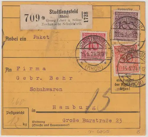 DR - 100+50+10 Pfg. Korbdeckel, Paketkarte Stadtlensfeld (Rhön) - Hamburg 1924