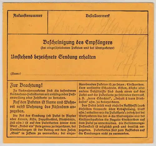 DR - 100+50+10 Pfg. Korbdeckel, Paketkarte Stadtlensfeld (Rhön) - Hamburg 1924