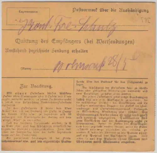 DR - 80 Pfg. Stephan Paketkarte Hannover-Kleefeld - Hamburg 1924