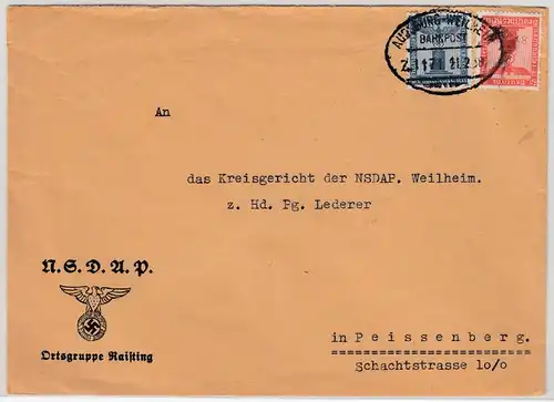 DR - 4+8 Pfg. Dienst Adler/Sockel, Brief Bahnpost Augsburg-Weilheim, (Raisiting)