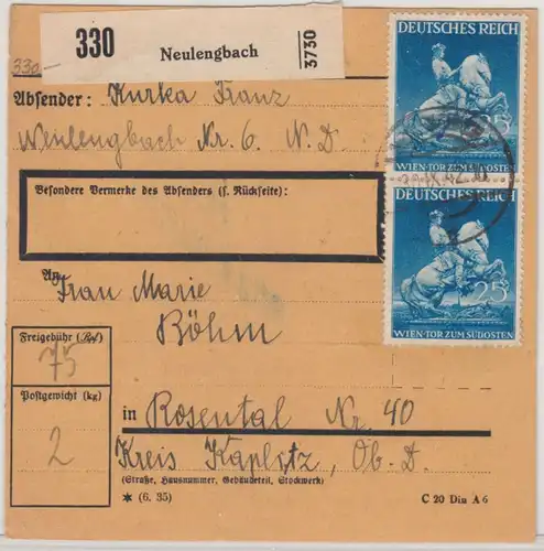 DR - 3x25 Pfg. Wiener Messe, Paketkarte Neulengbach - Rosental 1942