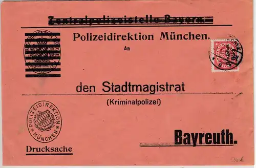 DR-Infla - 50 Pfg. By-Abschied/DR Dienstbrief Polizei München Bayreuth 1922