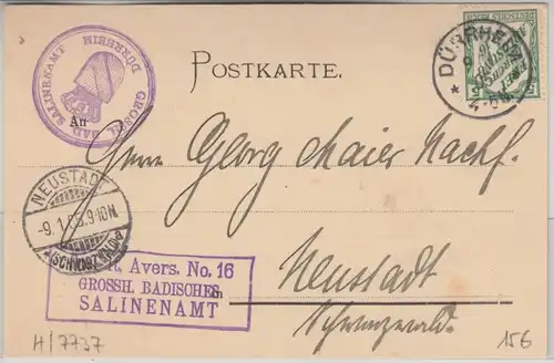 DR - 5 Pfg. FdA 16 Dienstpostkarte Dürrheim - Neustadt 1905