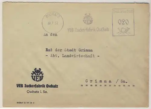 DDR - 20 Pfg. Absenderfreistempel Zuckerfabrik Oschatz, Brief n. Grimma 1957