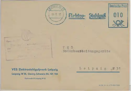 DDR - 10 Pfg. AFS Elektro Stahlguß, Ortsbrief Leipzig 1955 Propaganda-Nebenstpl.