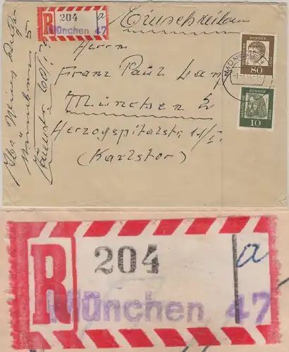 BRD - 80+10 Pfg. Bed. Deutsche Ortsbrief Einschreiben 2.Gew.st. München 47 1964