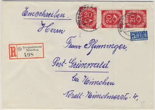 BRD - 3x20 Pfg. Posthorn, Einschreibebrief Telegraphenamt München -Grünwald 1953