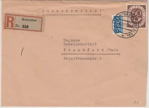 BRD - 60 Pfg. Posthorn, Einschreibebrief Katzenfurt - Frankfurt a.M. 1953
