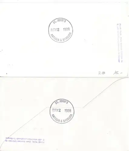 BRD - 290 + 360 Pfg. ATM, Einschreibebrief/-karte n. ANTIGUA, SST Krefeld 1988