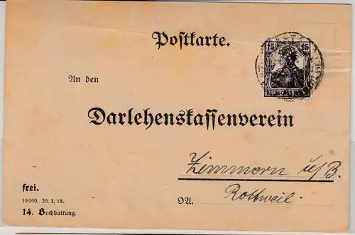 DR - 15 Pfg. Germania Perfin "K", Karte Stuttgart - Zimmern 1919 Firmenlochung