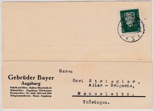 DR - 8 Pfg. Ebert/Perfin "GBA", Firmenkarte Augsburg 3 - Meuselwitz 1930